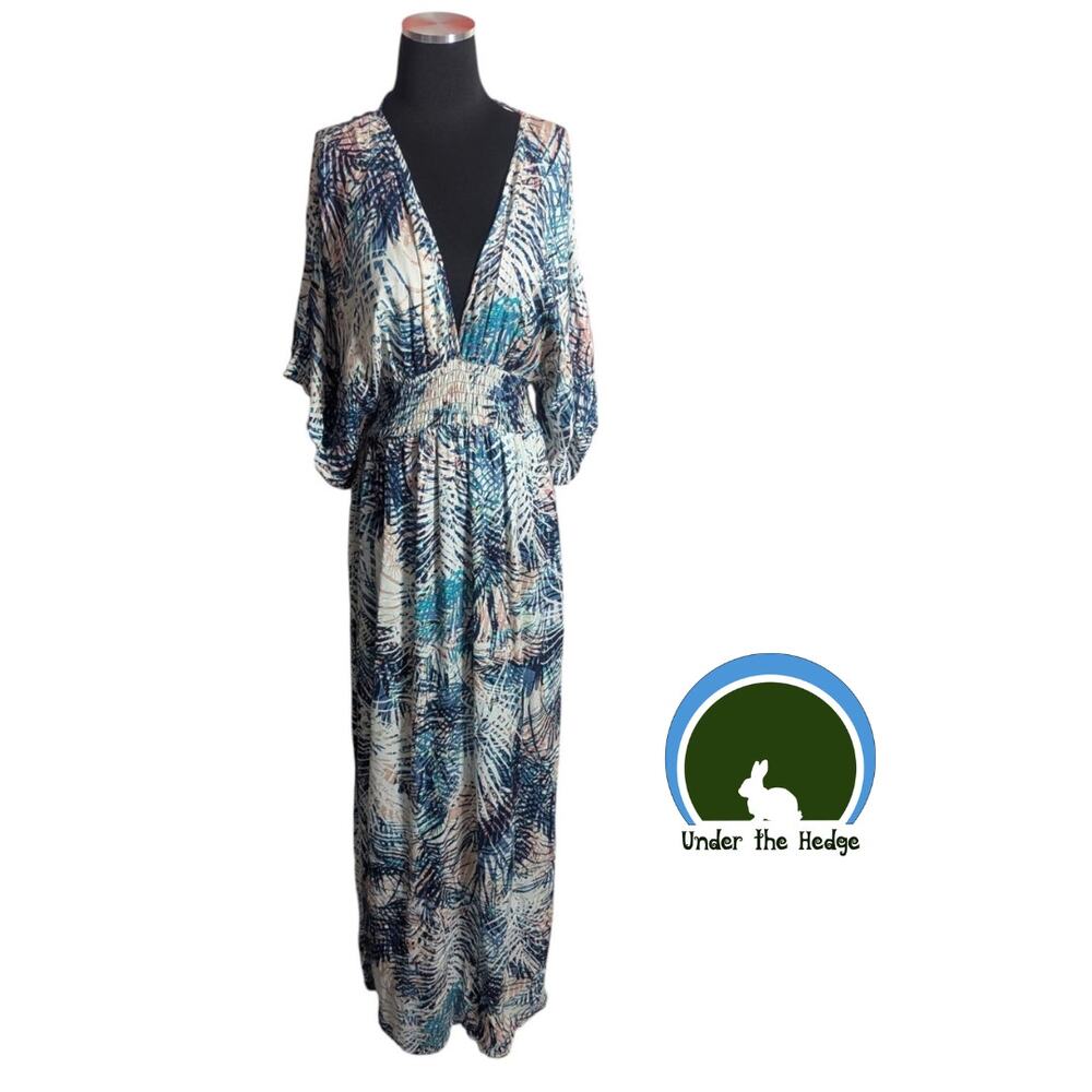 NWT Love Stitch Blue Tropical Leaf Gauzy Maxi Kimono Sleeve Dress Size M/L G1